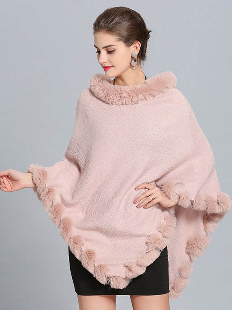 Burgunderfarbener Poncho Mit Pelzsaum Cape Frühlings-oberbekleidung Für Damen - Zartrosa