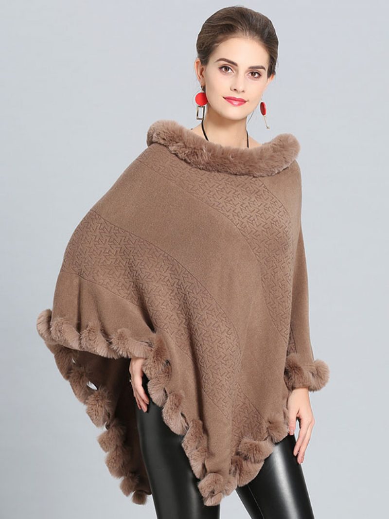 Burgunderfarbener Poncho Mit Pelzsaum Cape Frühlings-oberbekleidung Für Damen - Khaki