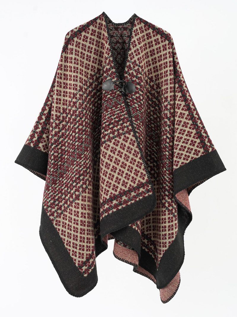 Damen Bedruckter Cape-poncho Mit Knebelverschluss Für Den Täglichen Gebrauch - Burgund