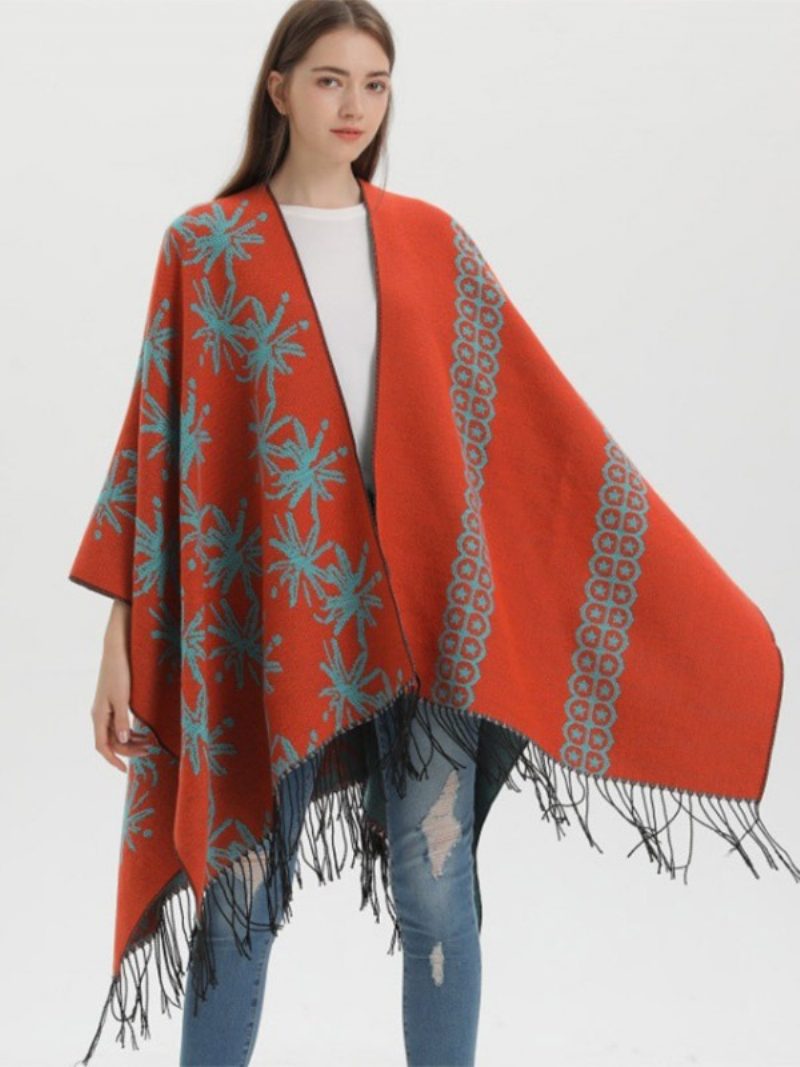 Damen-cape Farbblock Übergroß Ethno-stil Herbst-winter-poncho - Orange