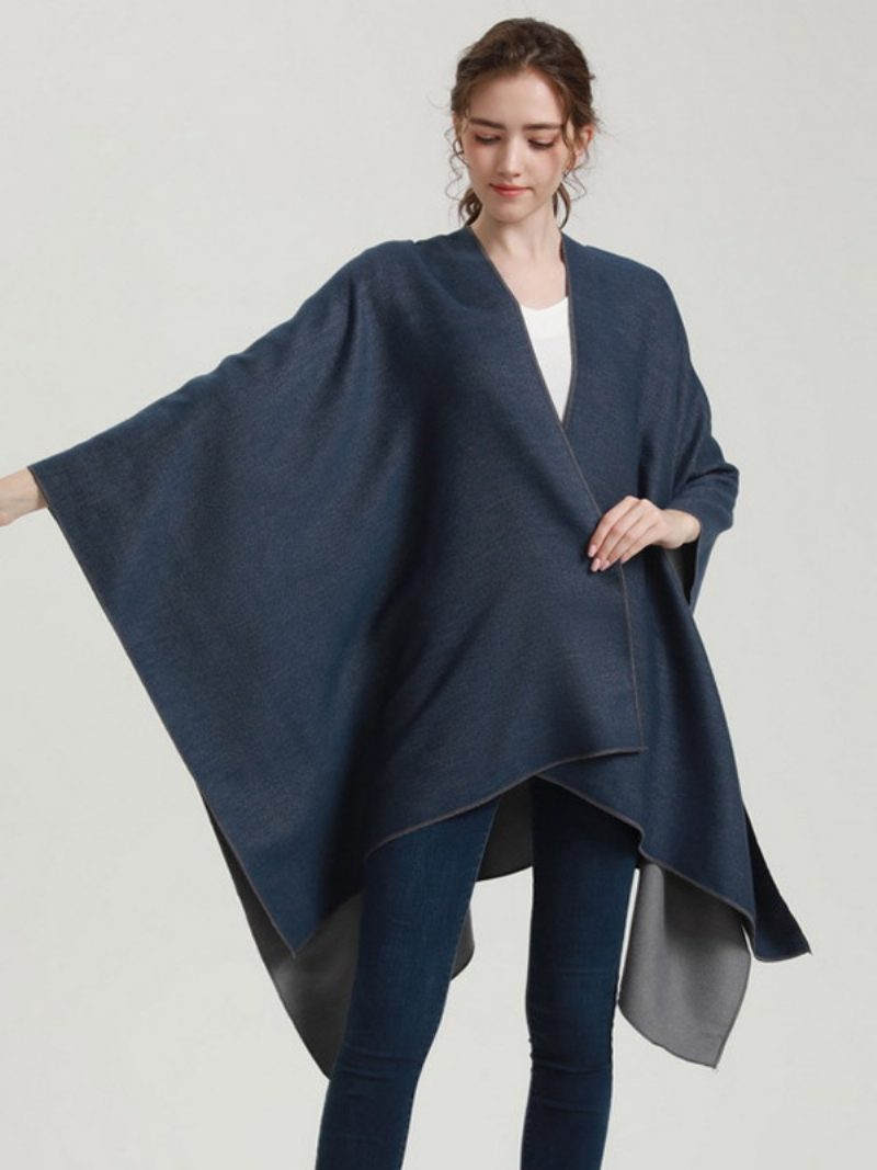 Damen-cape Farbblock Übergroß Täglich Lässig Herbst-winter-poncho - Dunkles Marineblau