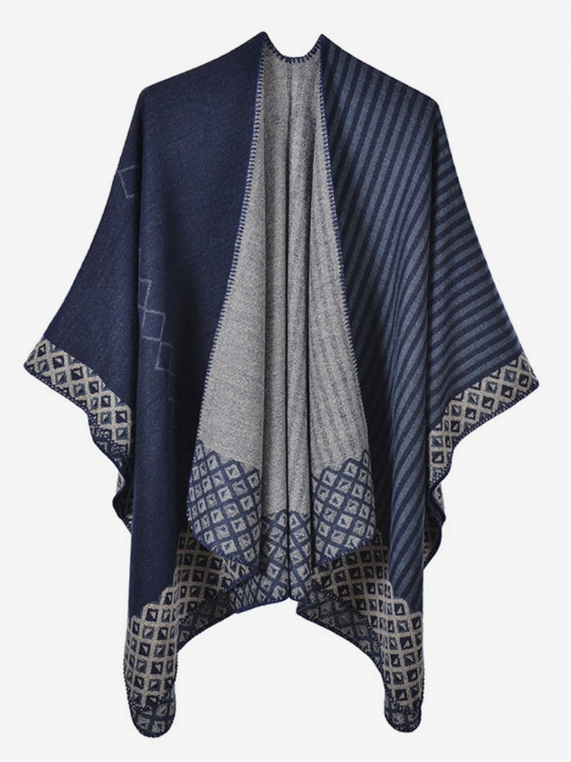 Damen Cape Geometrisch Farbblock Täglich Lässig Herbst Und Winter Poncho - Dunkles Marineblau