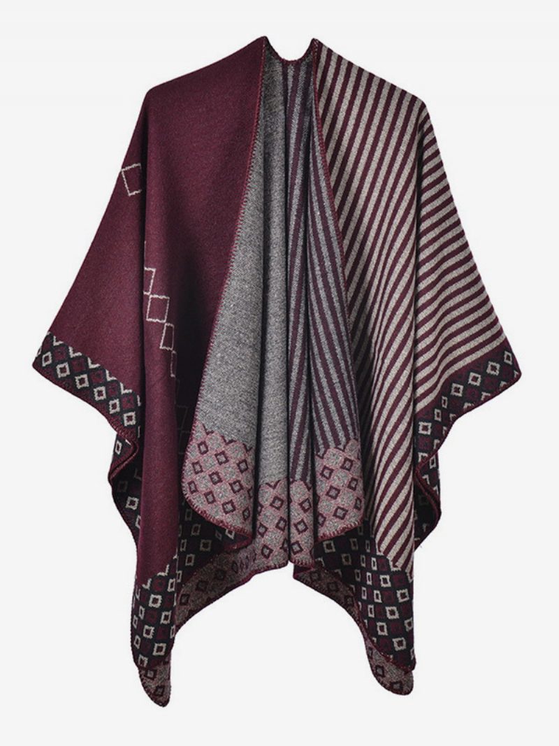 Damen Cape Geometrisch Farbblock Täglich Lässig Herbst Und Winter Poncho - Burgund