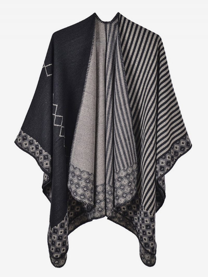 Damen Cape Geometrisch Farbblock Täglich Lässig Herbst Und Winter Poncho - Schwarz