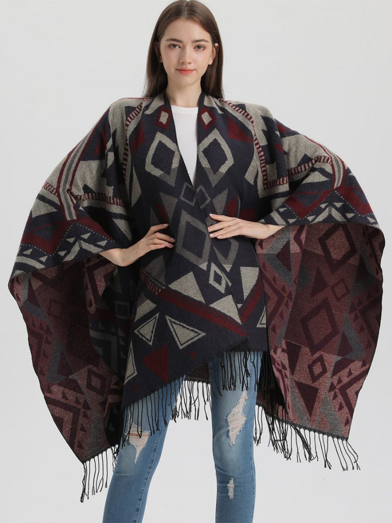 Damen Cape Geometrisch Mit Fransen Übergroßer Herbst-winter-poncho