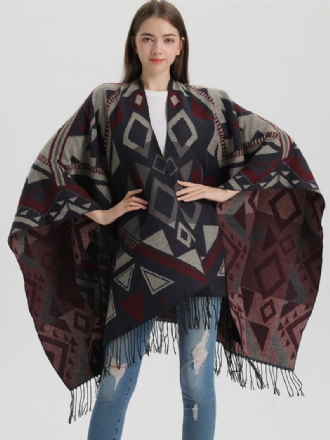 Damen Cape Geometrisch Mit Fransen Übergroßer Herbst-winter-poncho