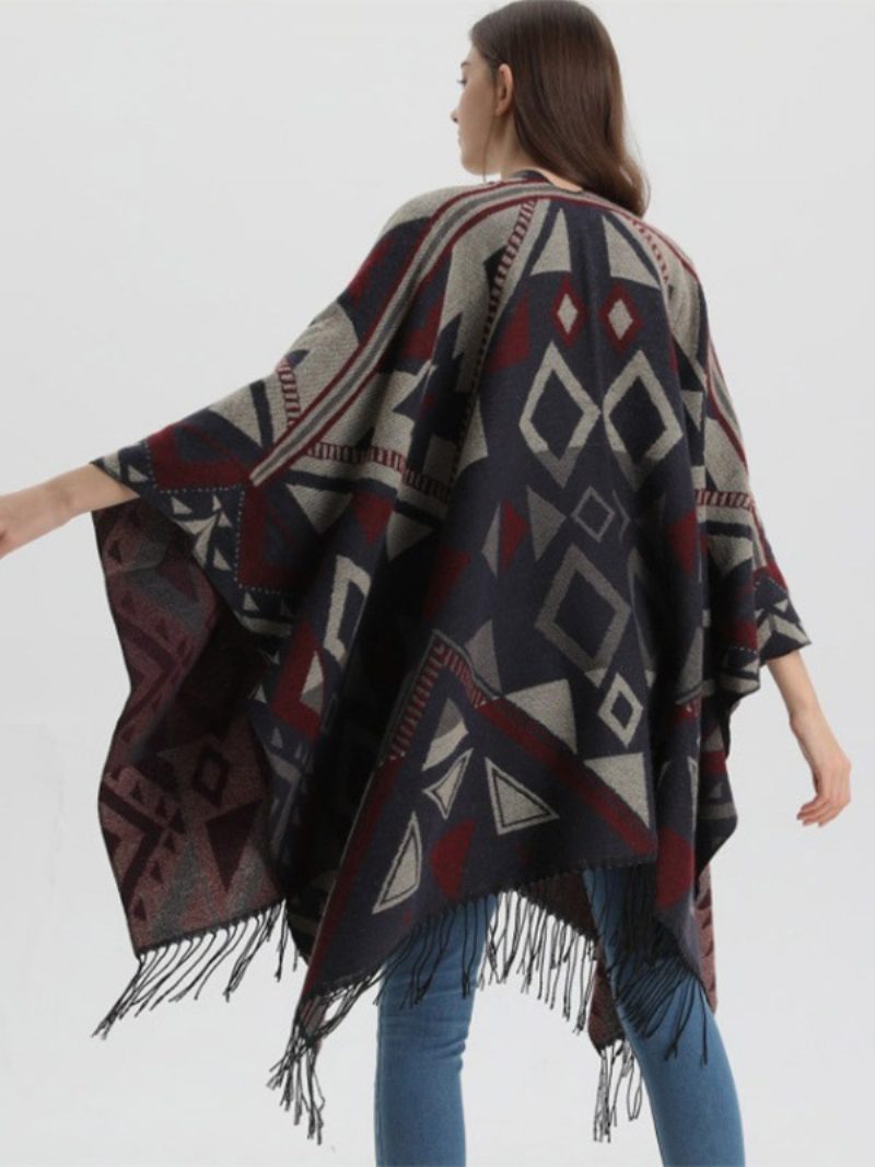 Damen Cape Geometrisch Mit Fransen Übergroßer Herbst-winter-poncho - Dunkles Marineblau