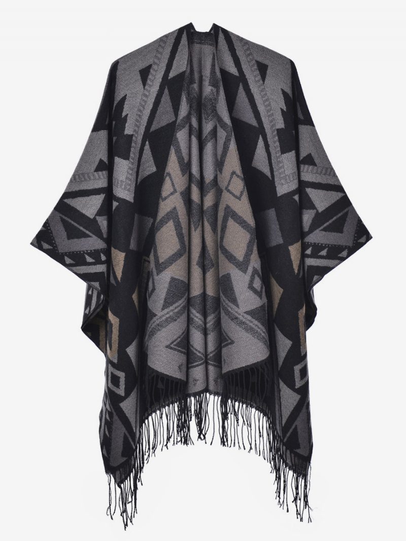 Damen Cape Geometrisch Mit Fransen Übergroßer Herbst-winter-poncho - Schwarz