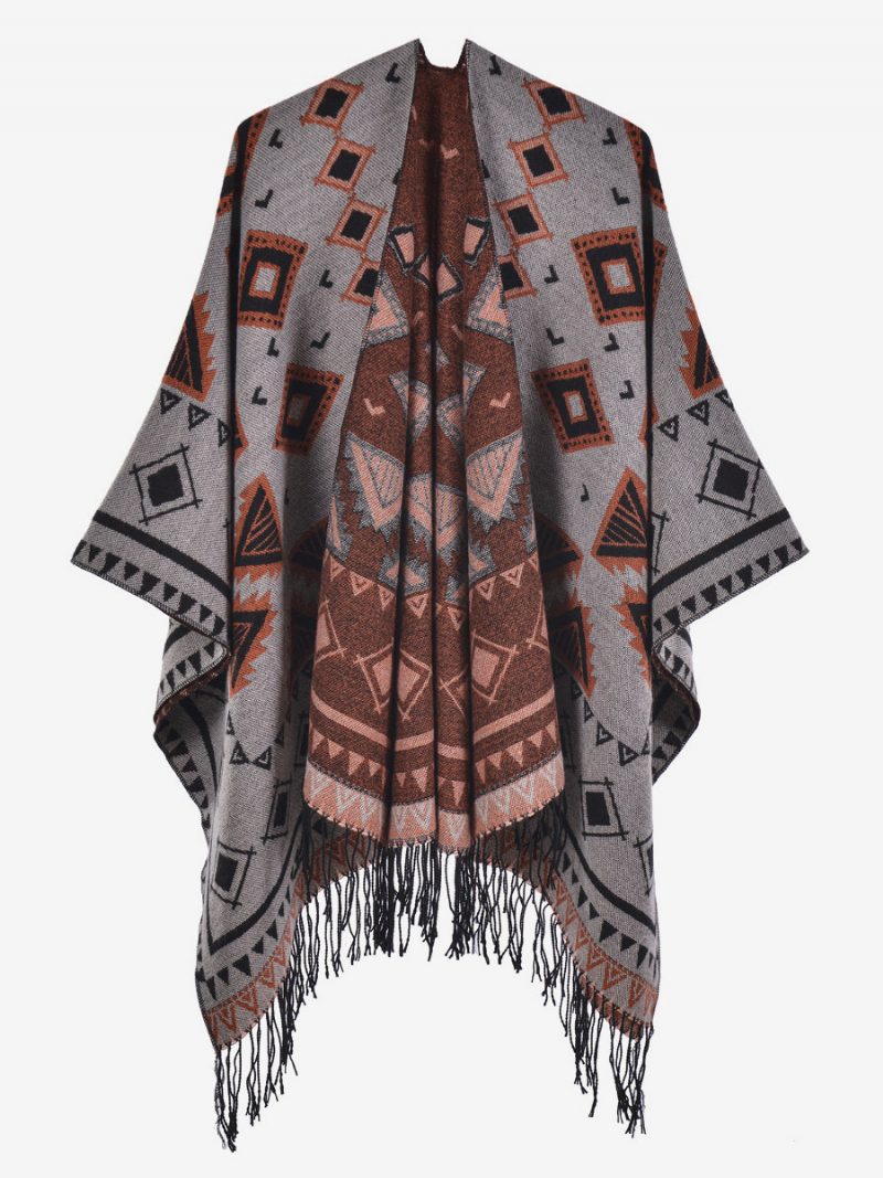 Damen Cape Geometrisch Mit Fransen Übergroßer Herbst-winter-poncho - Weiß