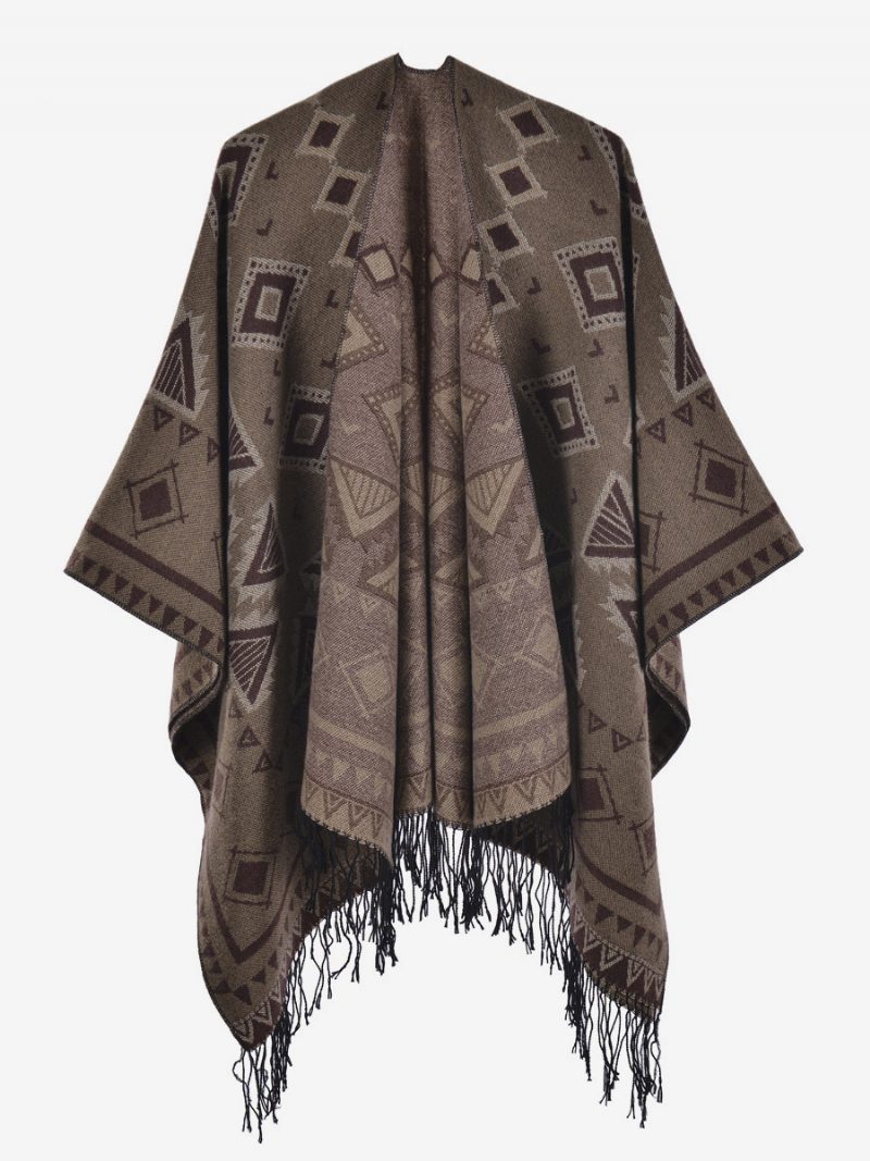 Damen Cape Geometrisch Mit Fransen Übergroßer Herbst-winter-poncho - Khaki