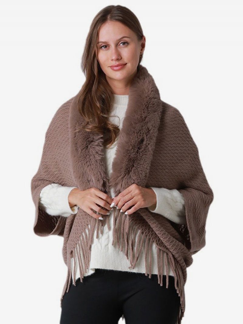 Damen-poncho Aus Kunstfell Mit Ärmeln Und Fransen Übergroßes Cape - Kaffeebraun