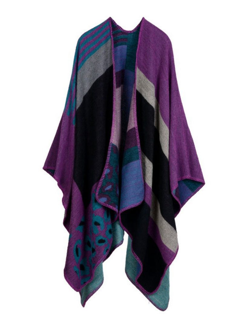 Damen-poncho Farbblock-poncho Schwarz Unregelmäßiger Wärmeerhaltender Übergroßer Paspelumhang - Fuchsia