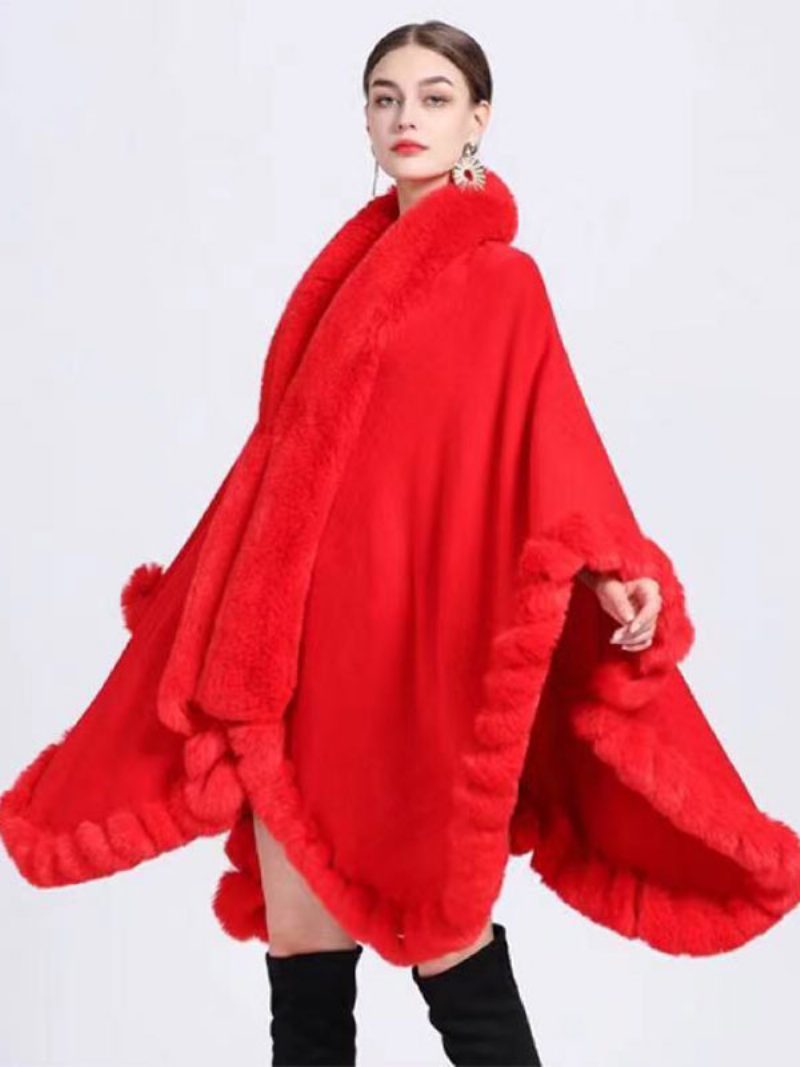 Damen Poncho Mantel Kunstpelz Cape Winter Oberbekleidung 2024 - Rot