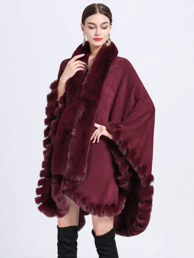 Damen Poncho Mantel Kunstpelz Cape Winter Oberbekleidung 2024 - Burgund