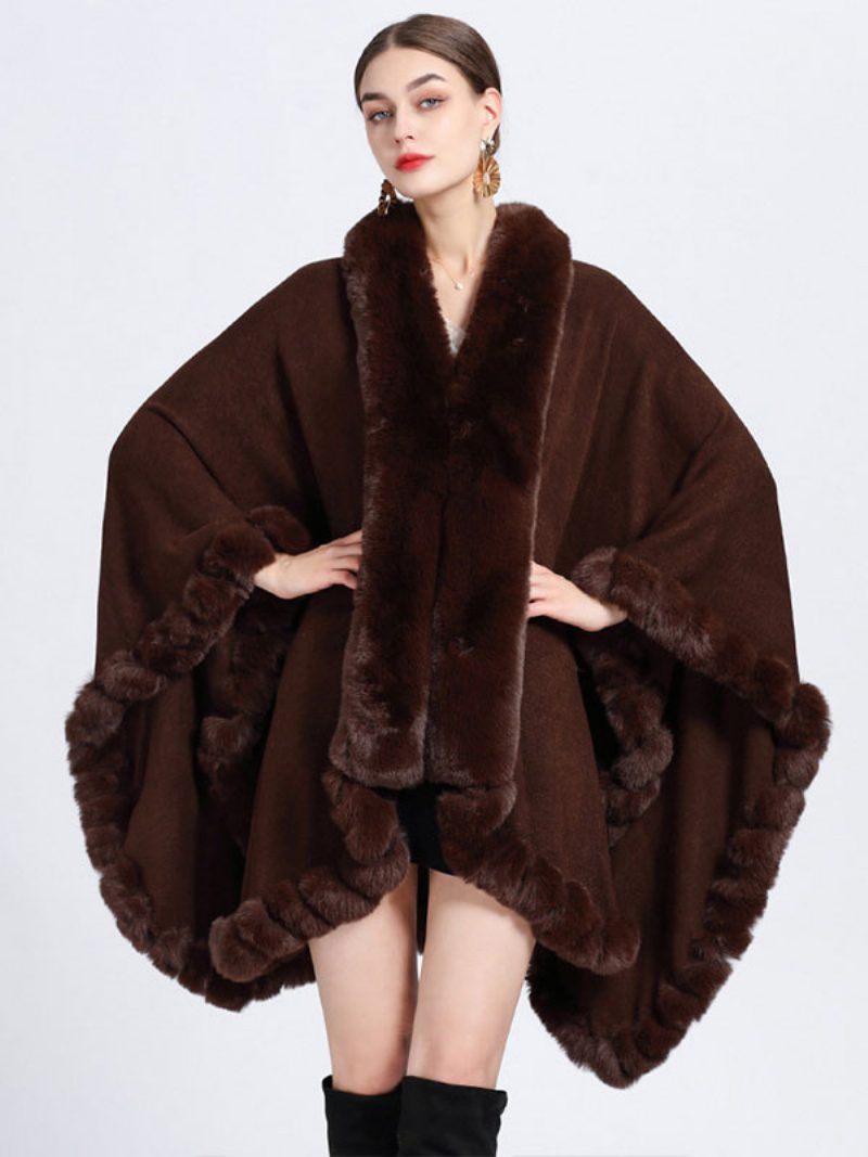 Damen Poncho Mantel Kunstpelz Cape Winter Oberbekleidung 2024 - Kaffeebraun