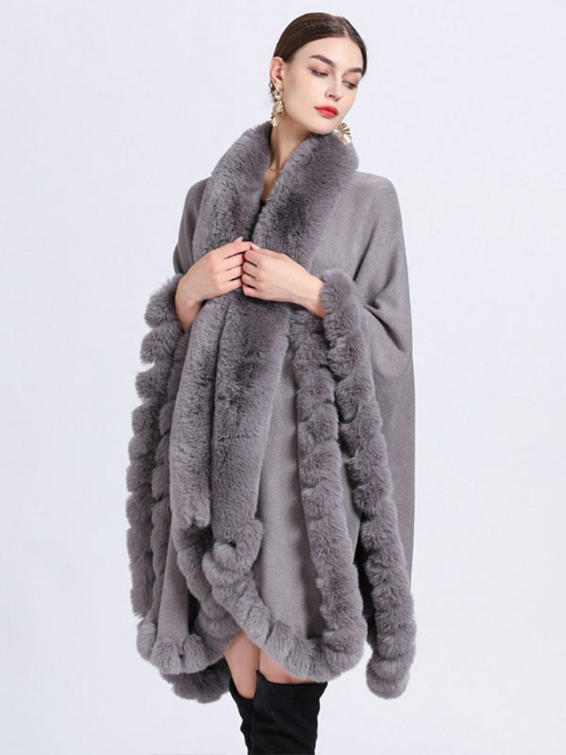 Damen Poncho Mantel Kunstpelz Cape Winter Oberbekleidung 2024 - Grau