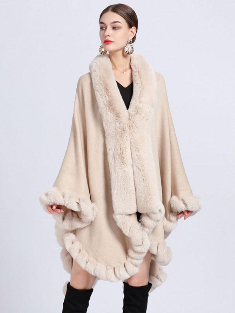 Damen Poncho Mantel Kunstpelz Cape Winter Oberbekleidung 2024 - Beige