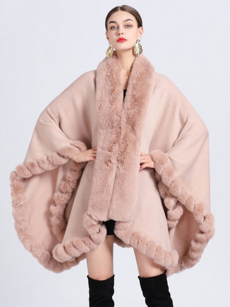 Damen Poncho Mantel Kunstpelz Cape Winter Oberbekleidung 2024 - Rosa