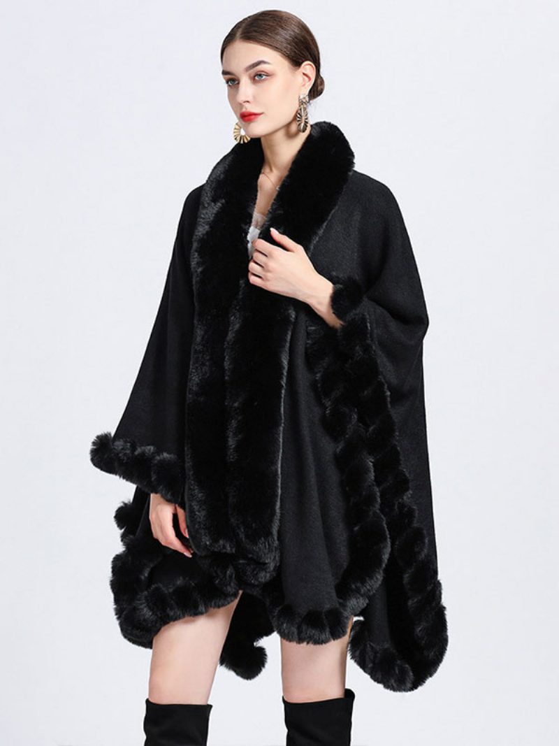 Damen Poncho Mantel Kunstpelz Cape Winter Oberbekleidung 2024 - Schwarz