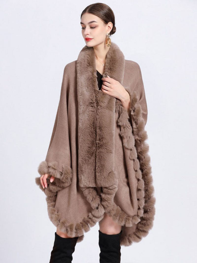 Damen Poncho Mantel Kunstpelz Cape Winter Oberbekleidung 2024 - Khaki