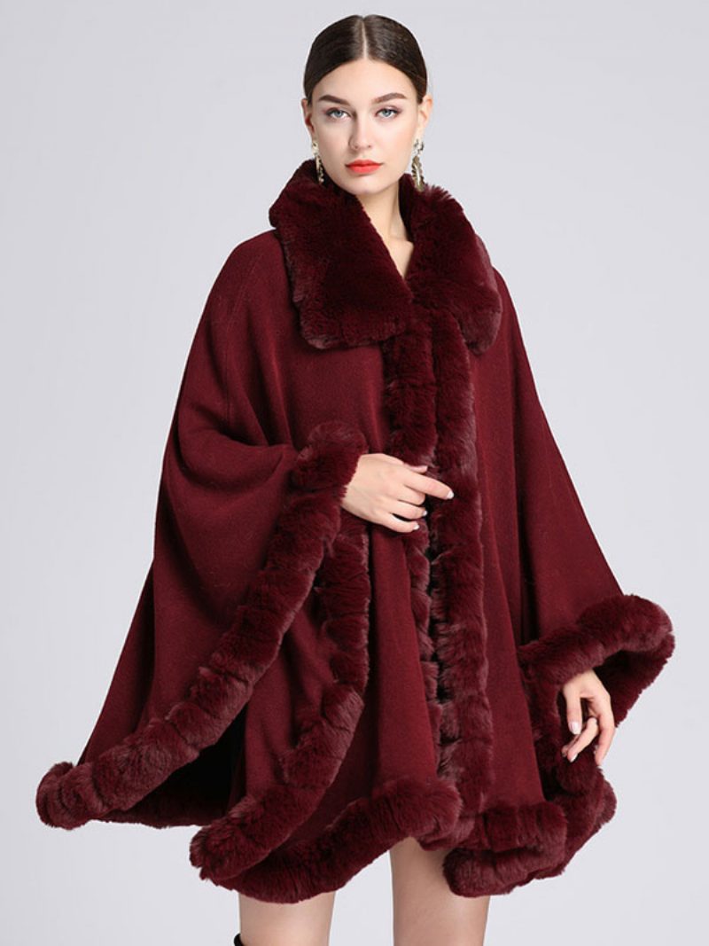 Damen Poncho Mantel Kunstpelz Cape Winter Oberbekleidung 2024 - Burgund