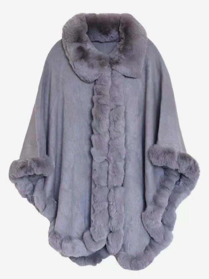 Damen Poncho Mantel Kunstpelz Cape Winter Oberbekleidung 2024 - Hellgrau