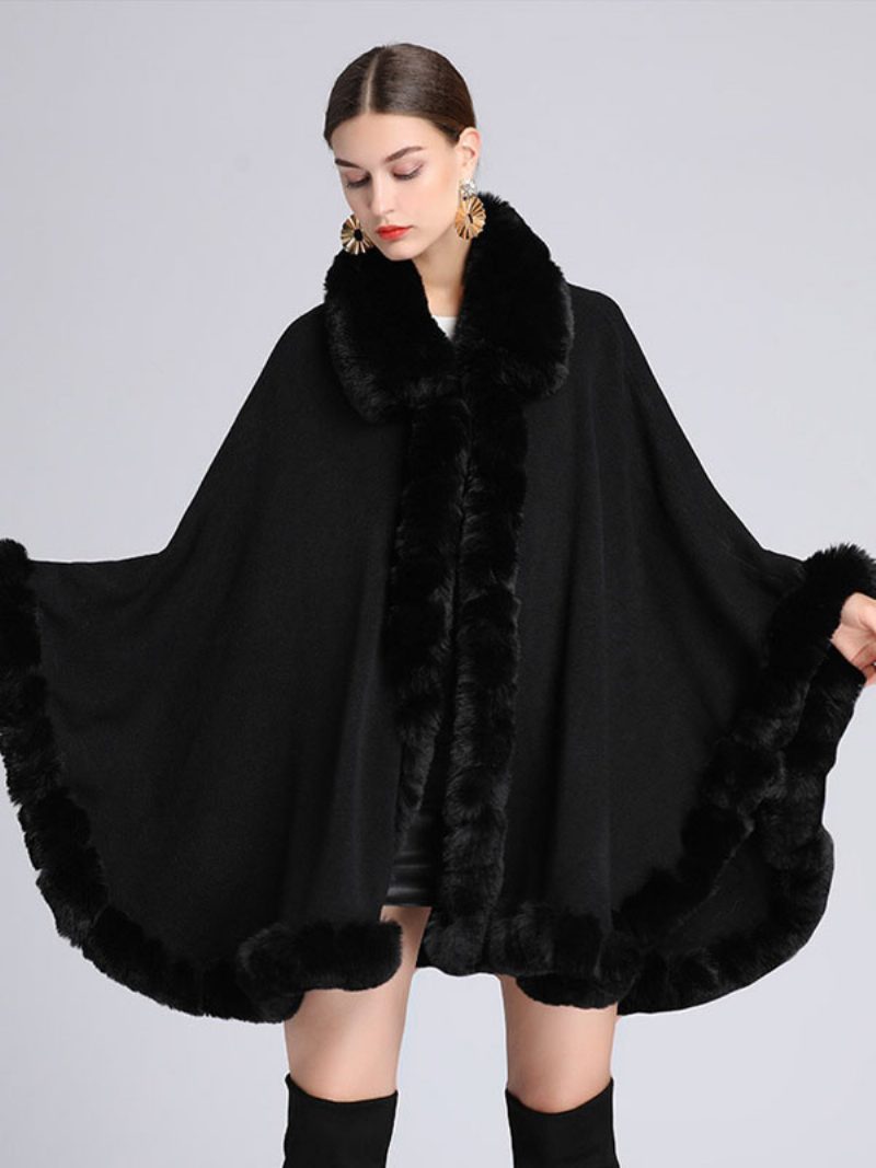 Damen Poncho Mantel Kunstpelz Cape Winter Oberbekleidung 2024 - Schwarz