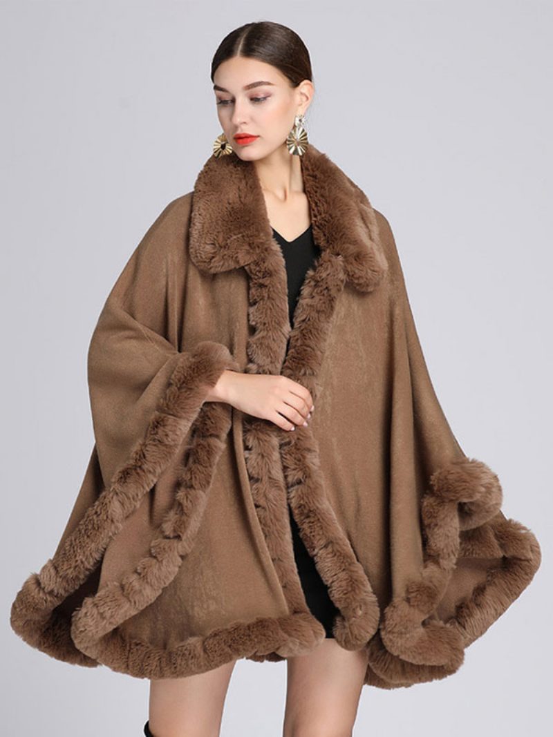 Damen Poncho Mantel Kunstpelz Cape Winter Oberbekleidung 2024 - Khaki