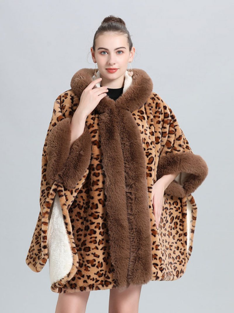 Damen Poncho Mantel Leopard Kapuzen Cape Winter Oberbekleidung 2024