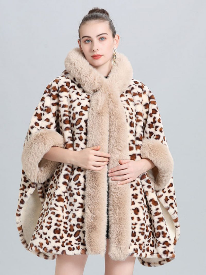 Damen Poncho Mantel Leopard Kapuzen Cape Winter Oberbekleidung 2024 - Hellhellgelb