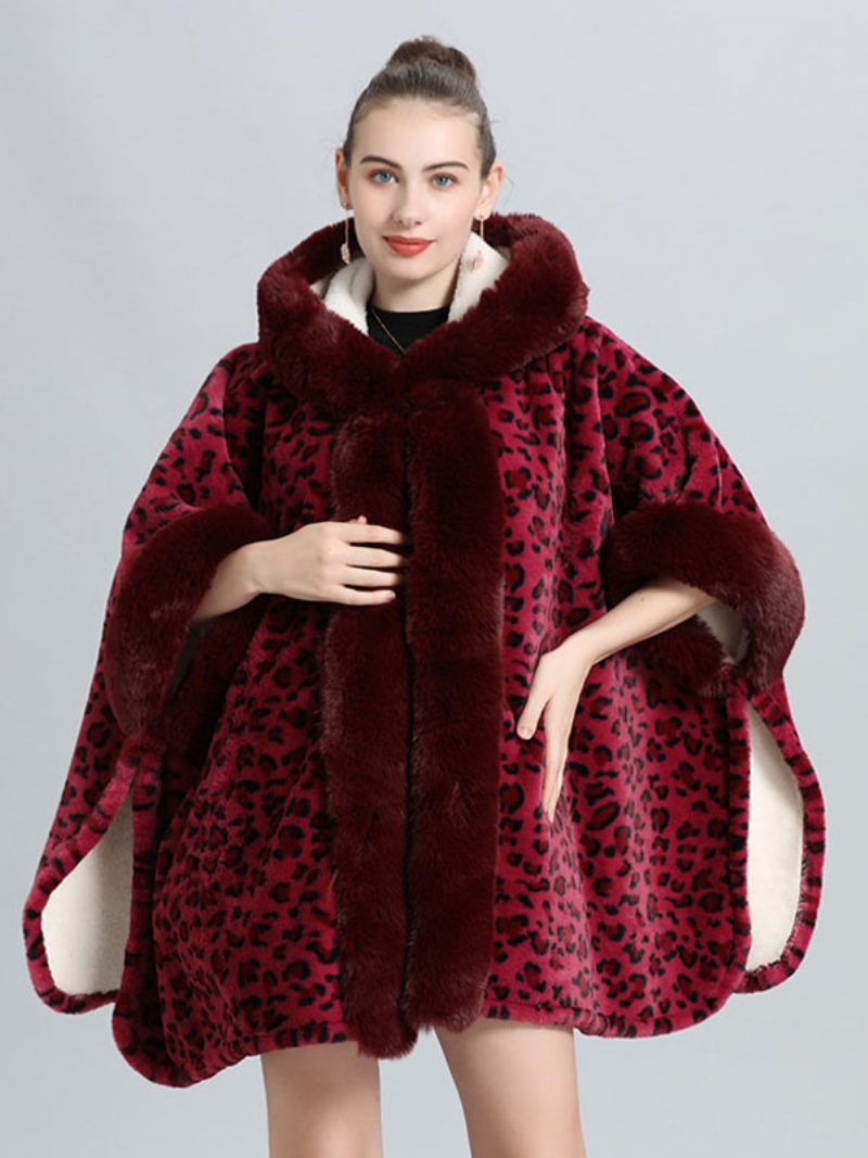 Damen Poncho Mantel Leopard Kapuzen Cape Winter Oberbekleidung 2024 - Burgund