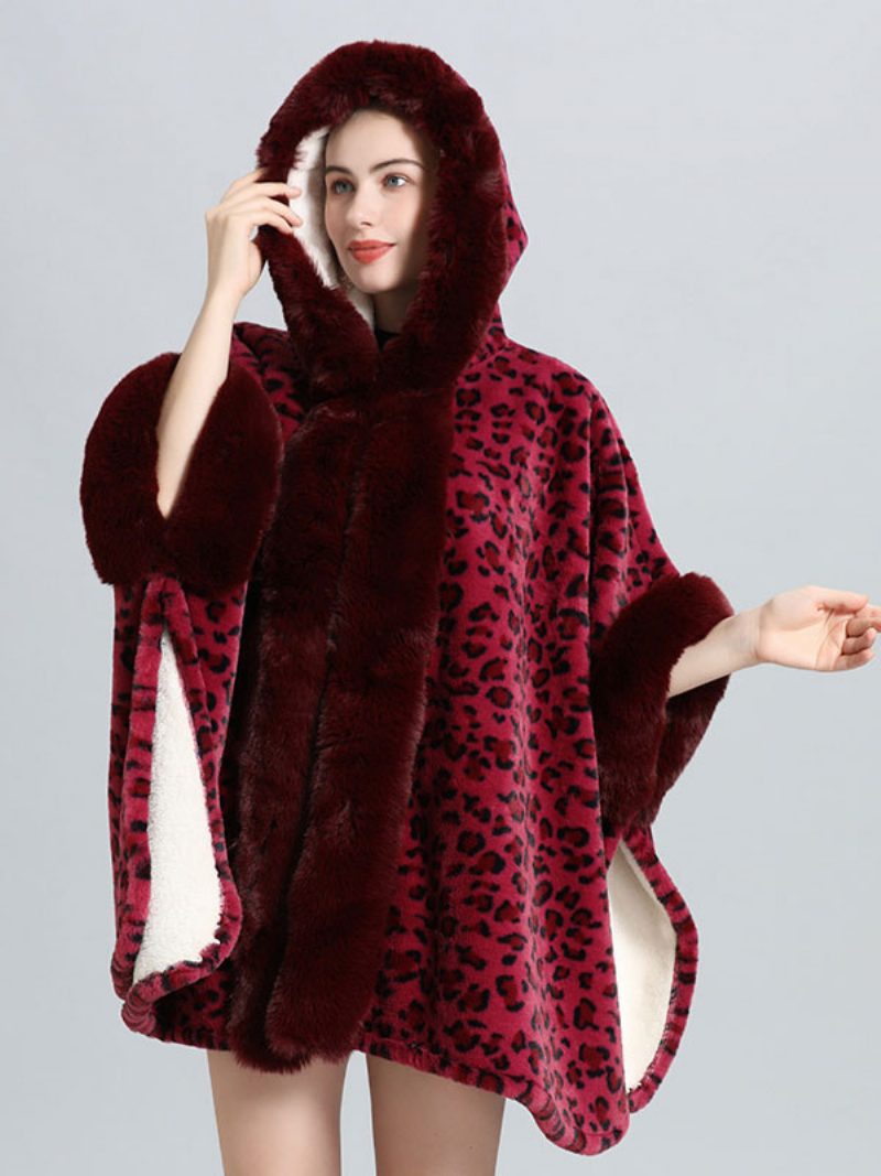 Damen Poncho Mantel Leopard Kapuzen Cape Winter Oberbekleidung 2024 - Burgund