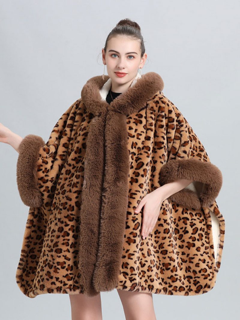 Damen Poncho Mantel Leopard Kapuzen Cape Winter Oberbekleidung 2024 - Khaki