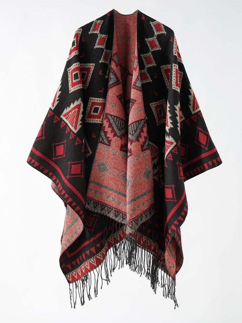 Damen-poncho Mit Geometrischem Aufdruck Täglicher Lässiger Umhang Fransen - Rot