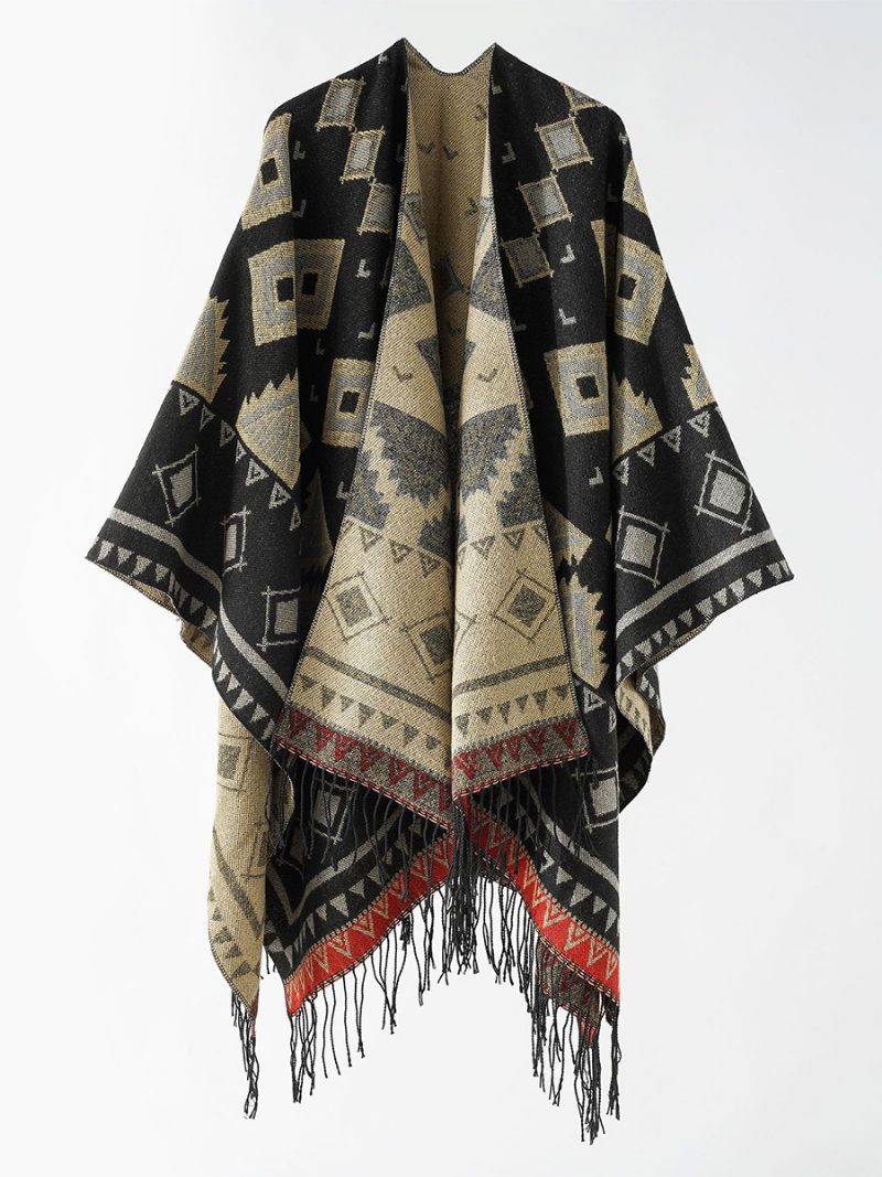 Damen-poncho Mit Geometrischem Aufdruck Täglicher Lässiger Umhang Fransen - Kaffeebraun