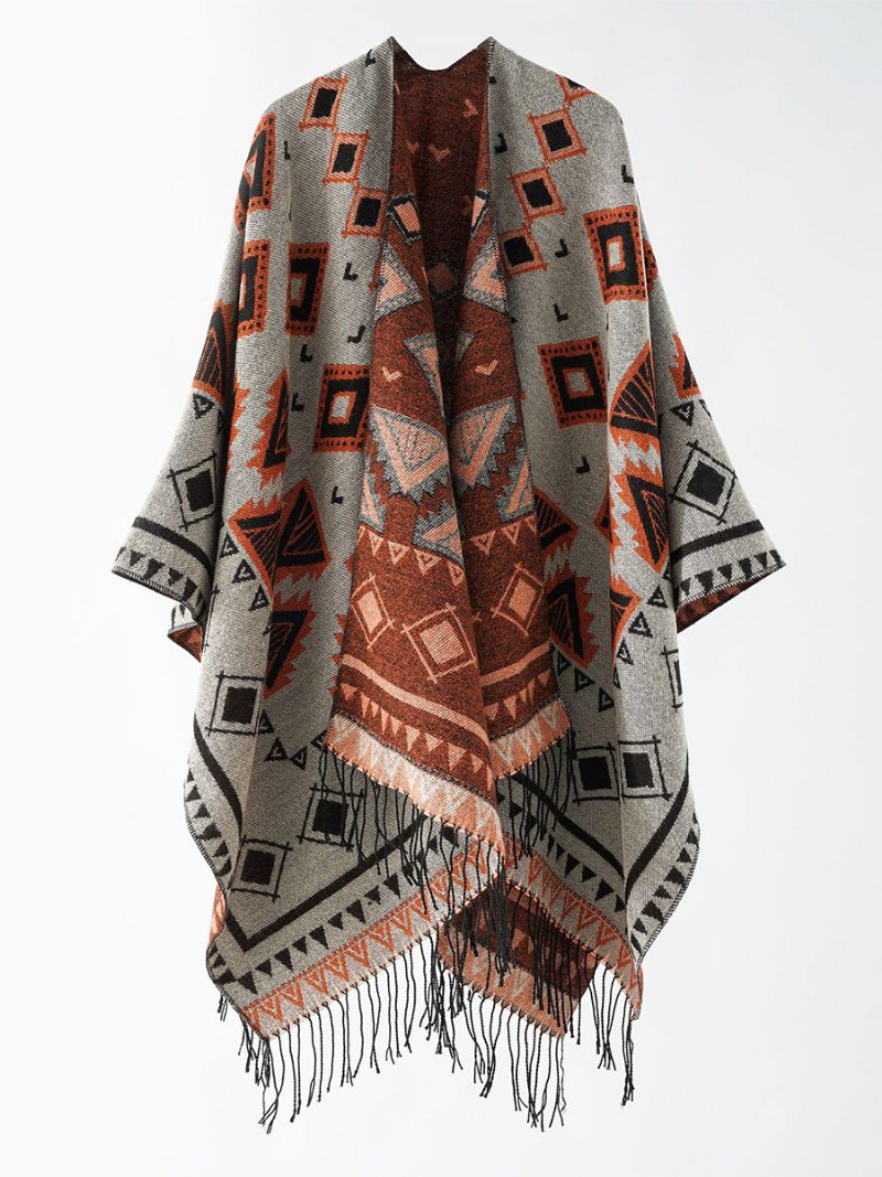 Damen-poncho Mit Geometrischem Aufdruck Täglicher Lässiger Umhang Fransen - Grau