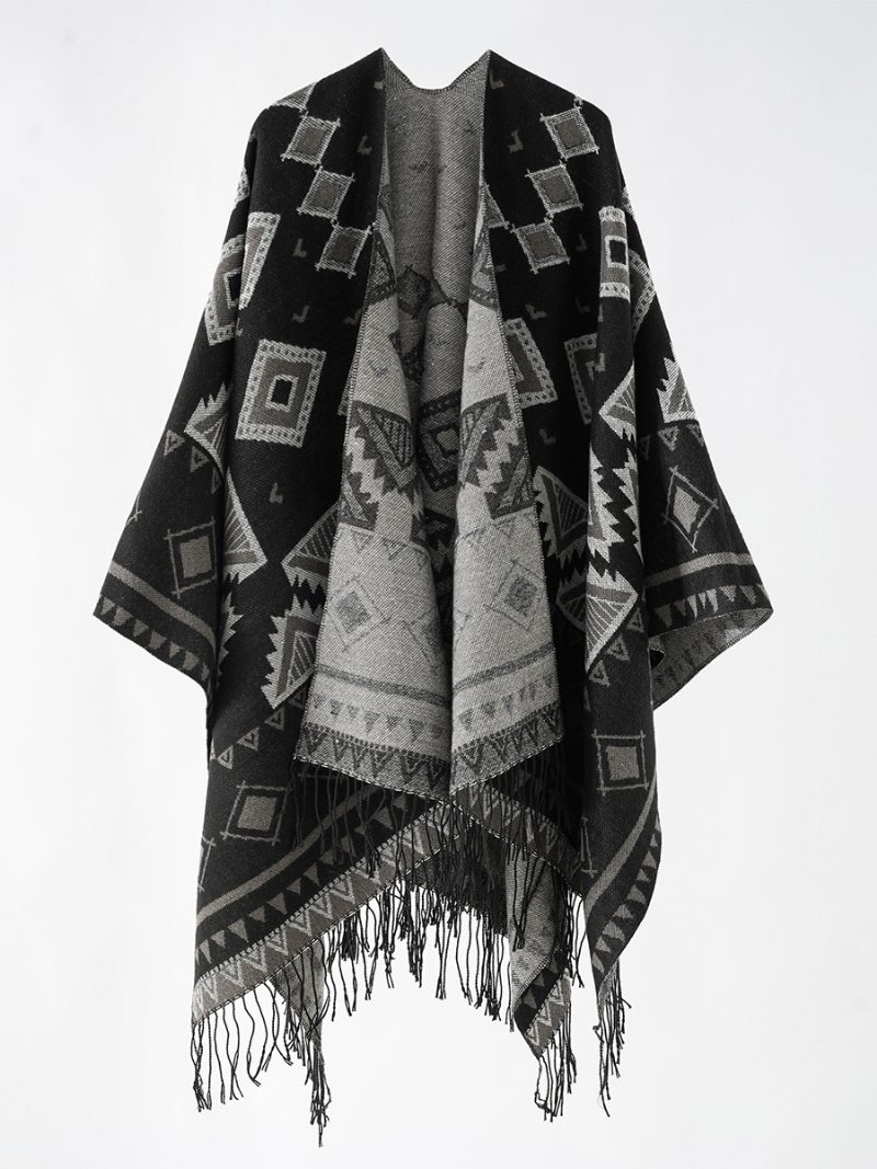 Damen-poncho Mit Geometrischem Aufdruck Täglicher Lässiger Umhang Fransen - Schwarz