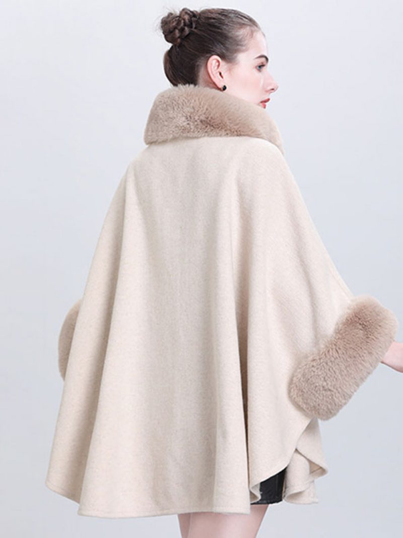 Damen-poncho Mit Hohem Kragen Hellgrau Übergroßes Kunstfell-cape - Beige