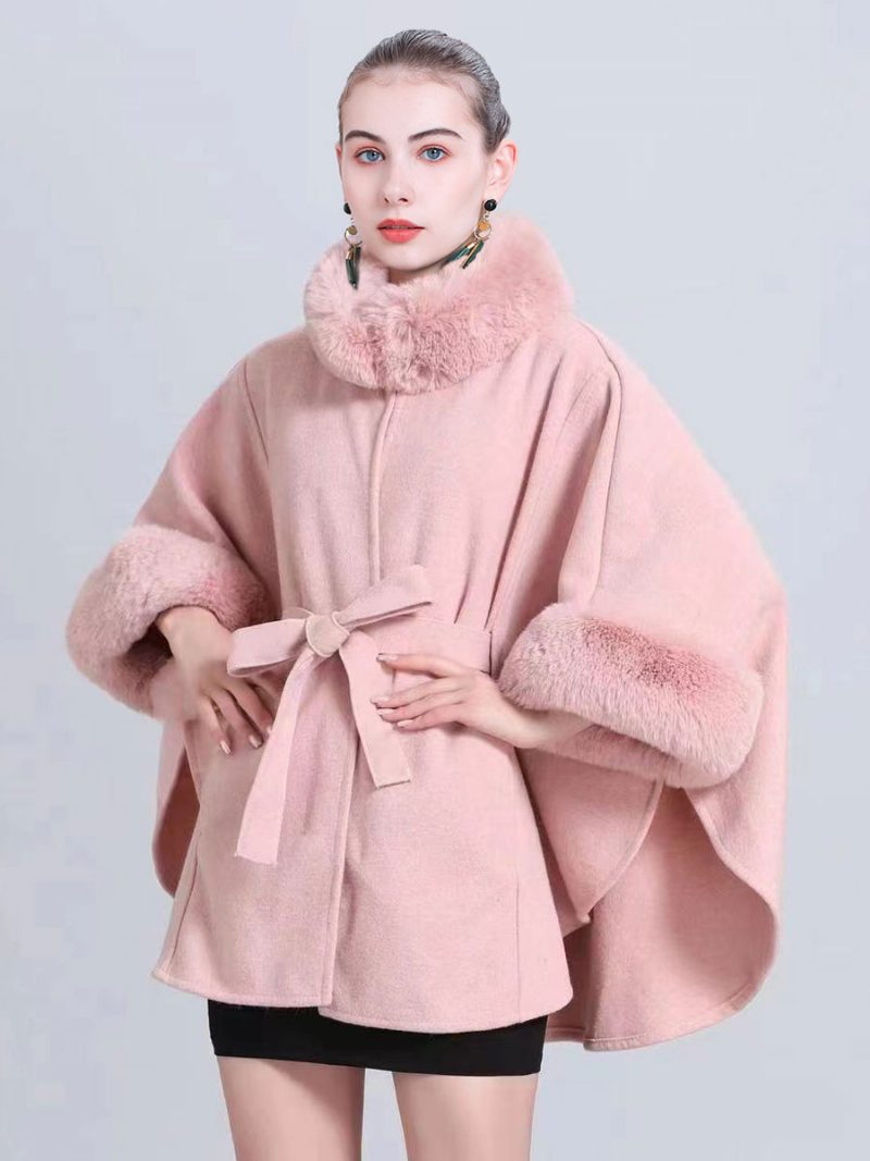 Damen-poncho Mit Hohem Kragen Hellgrau Übergroßes Kunstfell-cape - Rosa