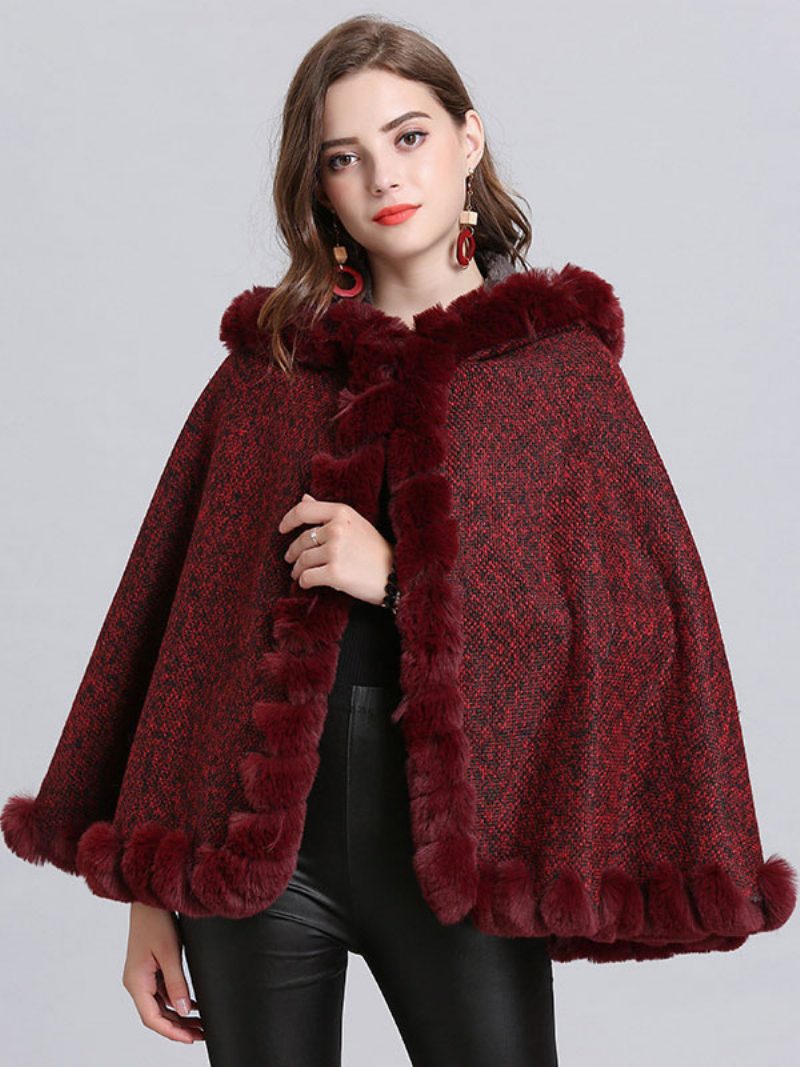 Damen Poncho Mit Kapuze Burgunderroter Cape-mantel Winter-oberbekleidung 2024