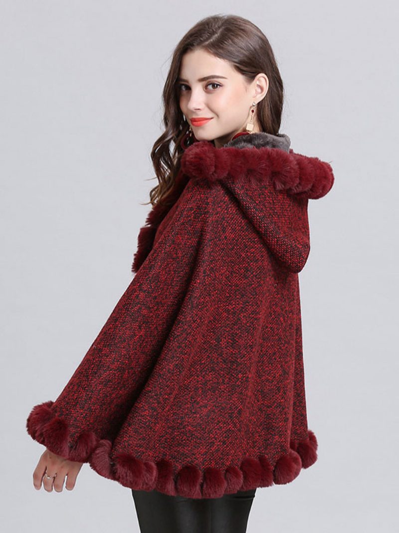 Damen Poncho Mit Kapuze Burgunderroter Cape-mantel Winter-oberbekleidung 2024 - Burgund