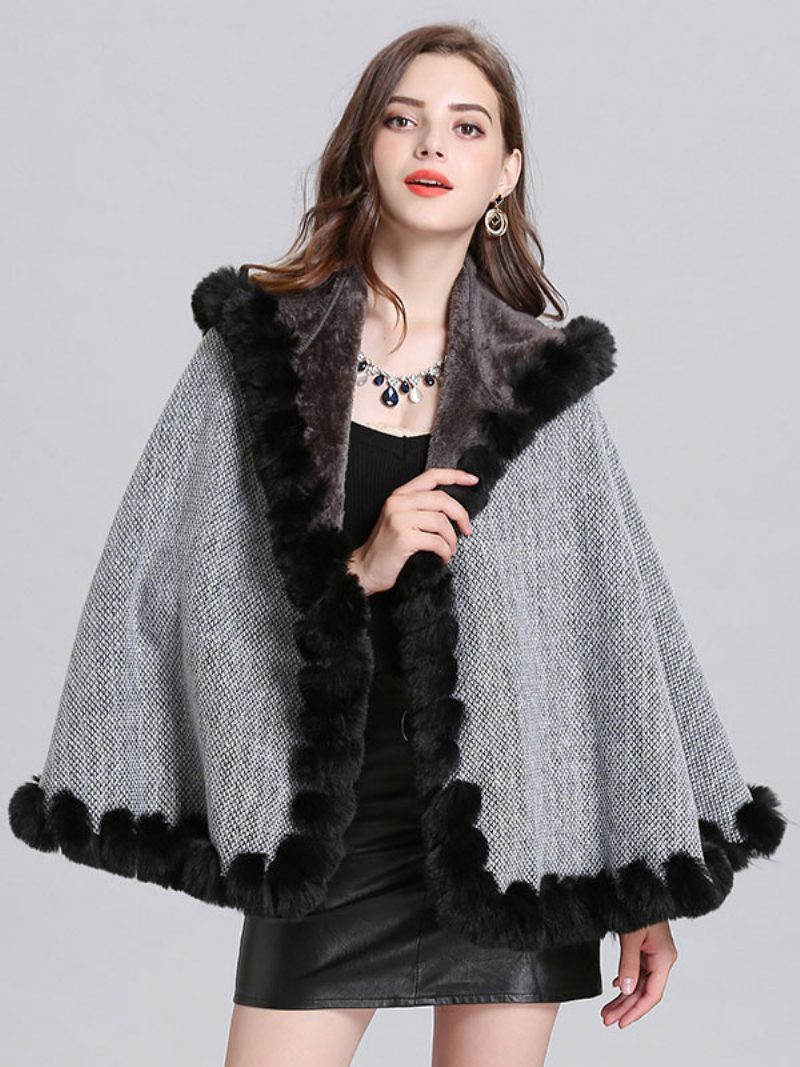 Damen Poncho Mit Kapuze Burgunderroter Cape-mantel Winter-oberbekleidung 2024 - Hellgrau