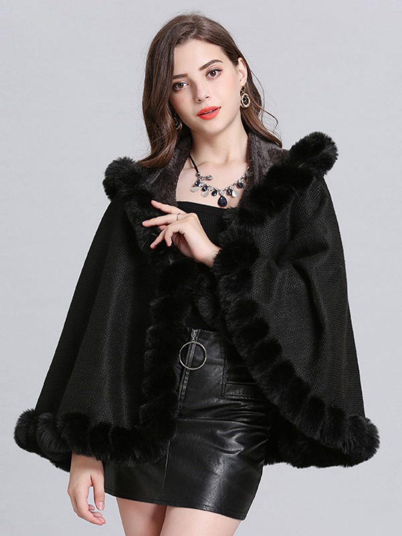 Damen Poncho Mit Kapuze Burgunderroter Cape-mantel Winter-oberbekleidung 2024 - Schwarz