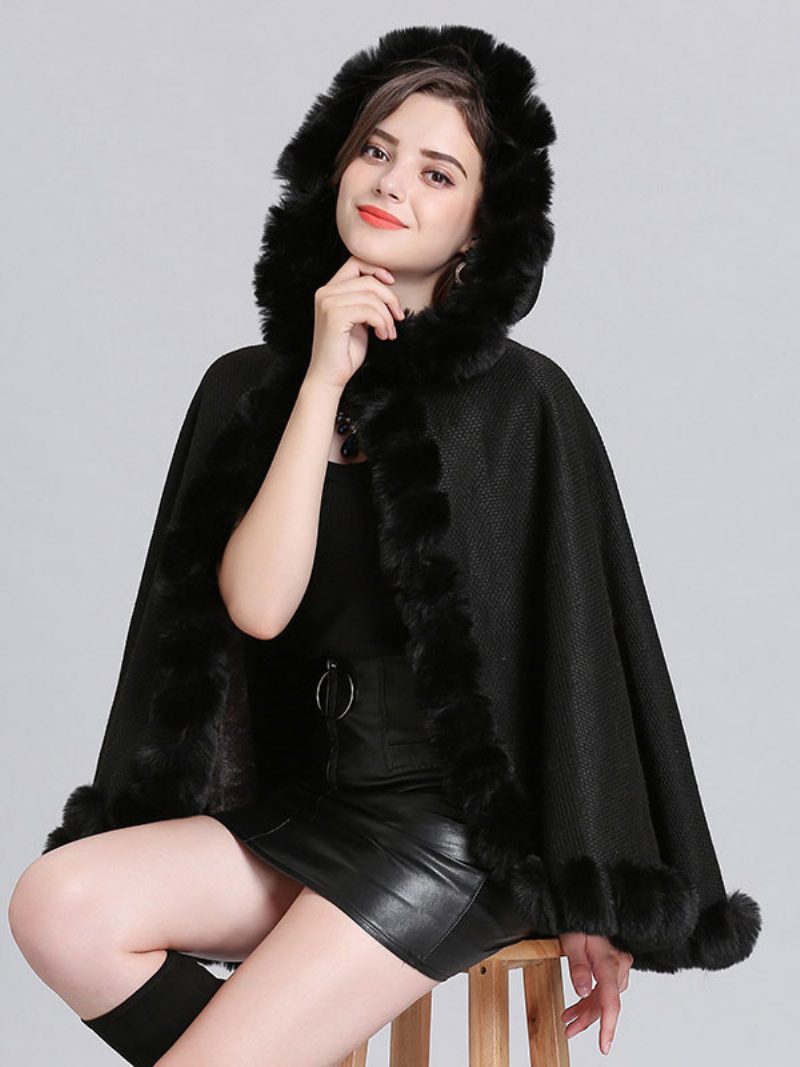 Damen Poncho Mit Kapuze Burgunderroter Cape-mantel Winter-oberbekleidung 2024 - Schwarz