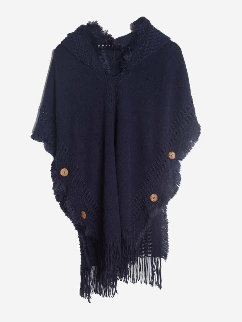 Damen-poncho Mit Kapuze Hallow-fransenbesatz Übergroßes Strick-cape - Dunkles Marineblau