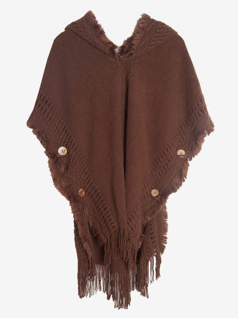 Damen-poncho Mit Kapuze Hallow-fransenbesatz Übergroßes Strick-cape - Kaffeebraun