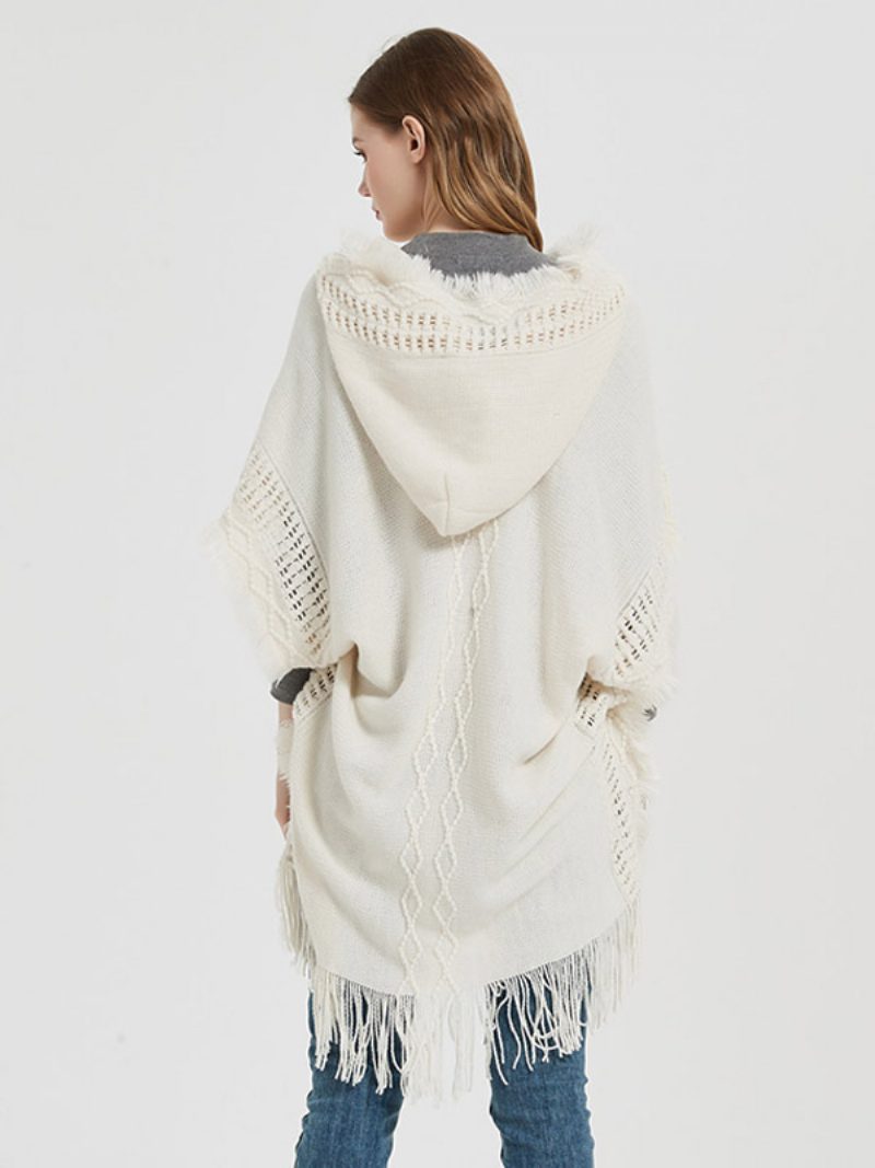 Damen-poncho Mit Kapuze Hallow-fransenbesatz Übergroßes Strick-cape - Beige