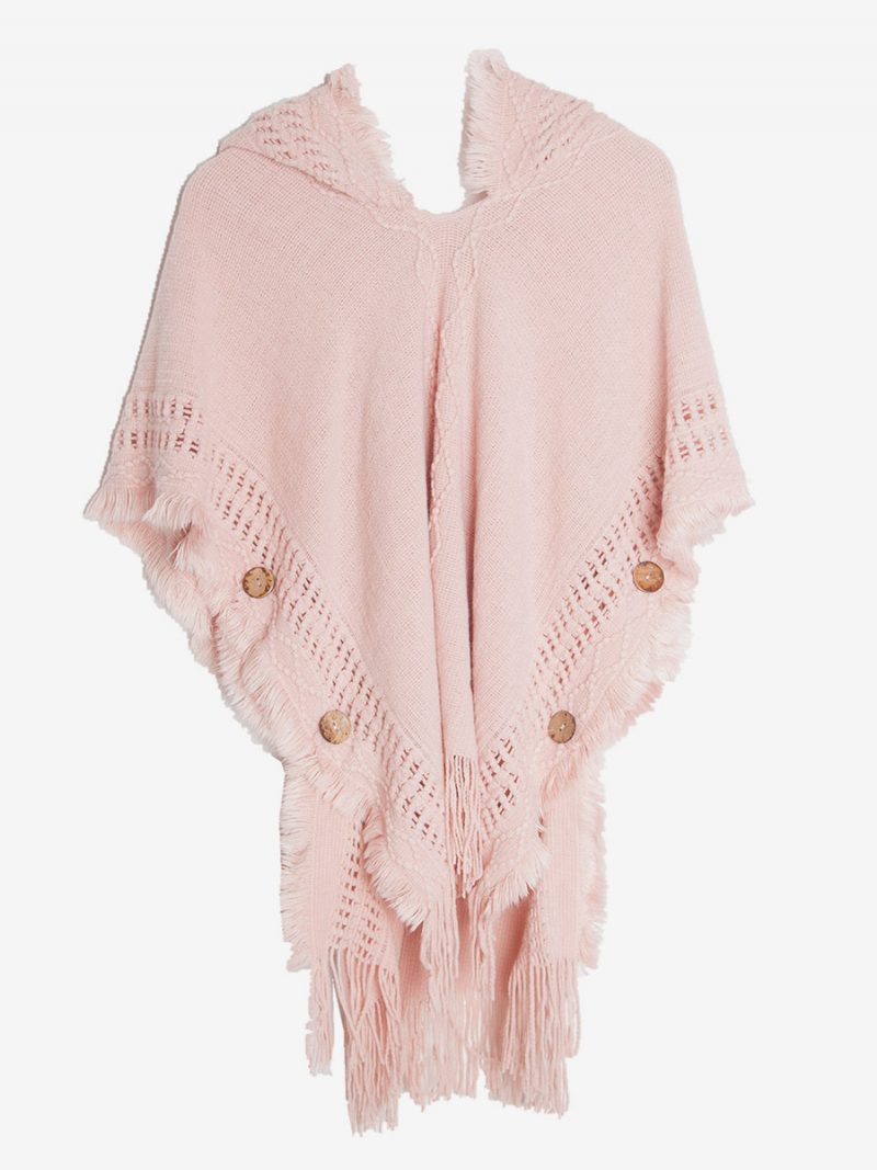 Damen-poncho Mit Kapuze Hallow-fransenbesatz Übergroßes Strick-cape - Rosa