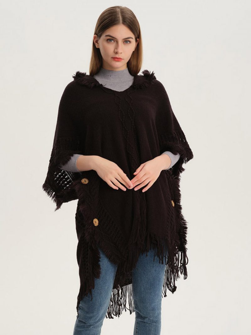 Damen-poncho Mit Kapuze Hallow-fransenbesatz Übergroßes Strick-cape - Schwarz