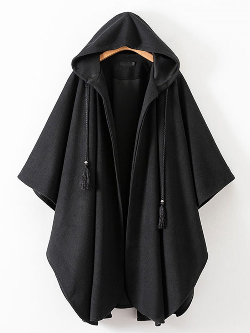 Damen-poncho Mit Kapuze Schwarzer Poncho Übergroßes Cape Quasten